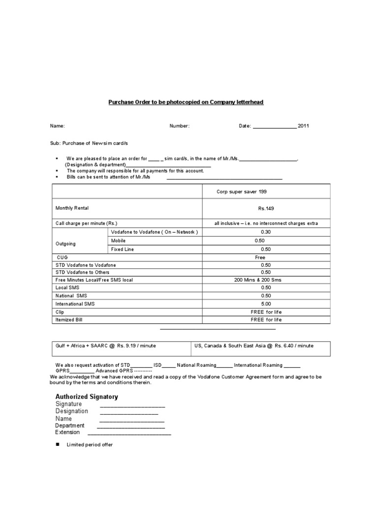 Corporate SIM Card Purchase Order | PDF