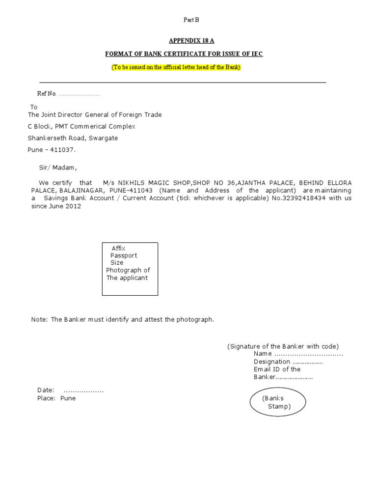 IEC Bank Certificate Format Sample | PDF
