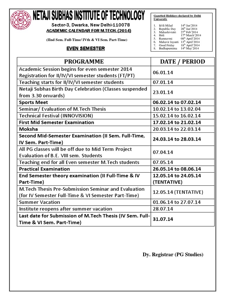 Academic Calendar NSIT | PDF
