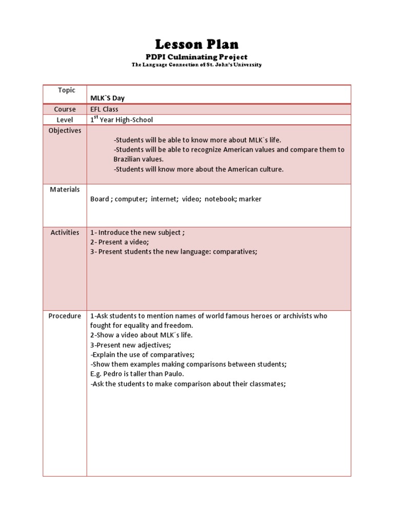EFL Lesson Plan: MLK Day Activities | PDF