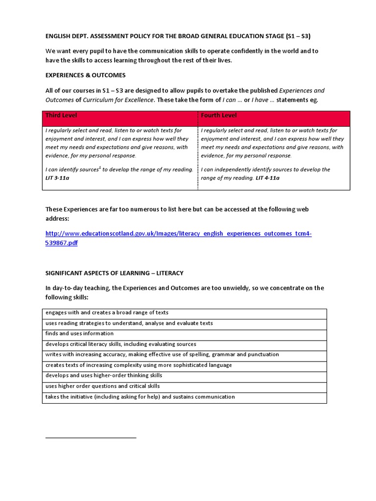 English Dept. Assessment Policy S1-S3 | PDF | Educational Assessment ...