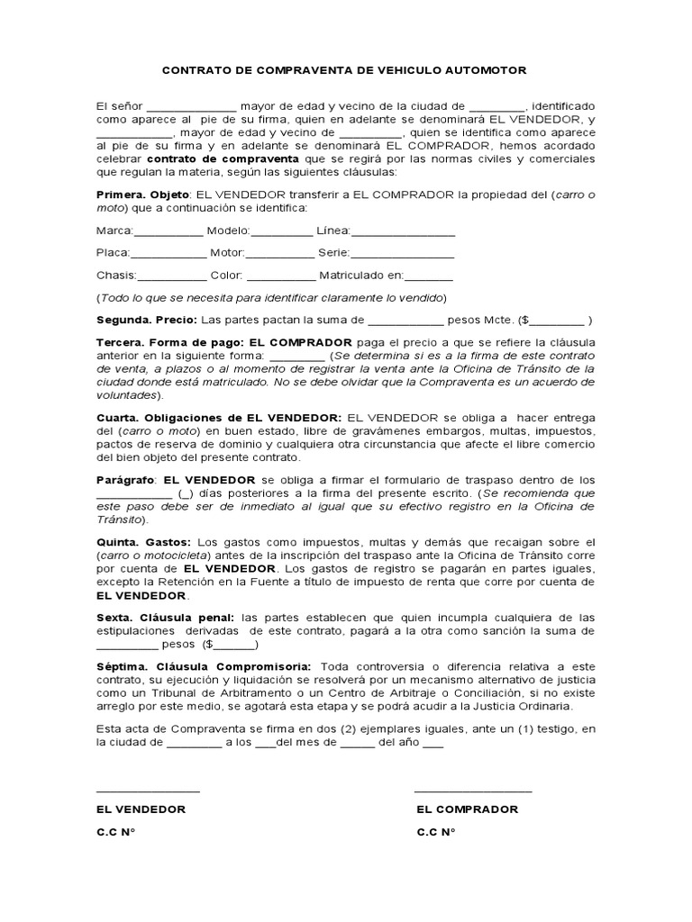 Contrato de Compraventa de Vehiculo Automotor | PDF | Derecho ...