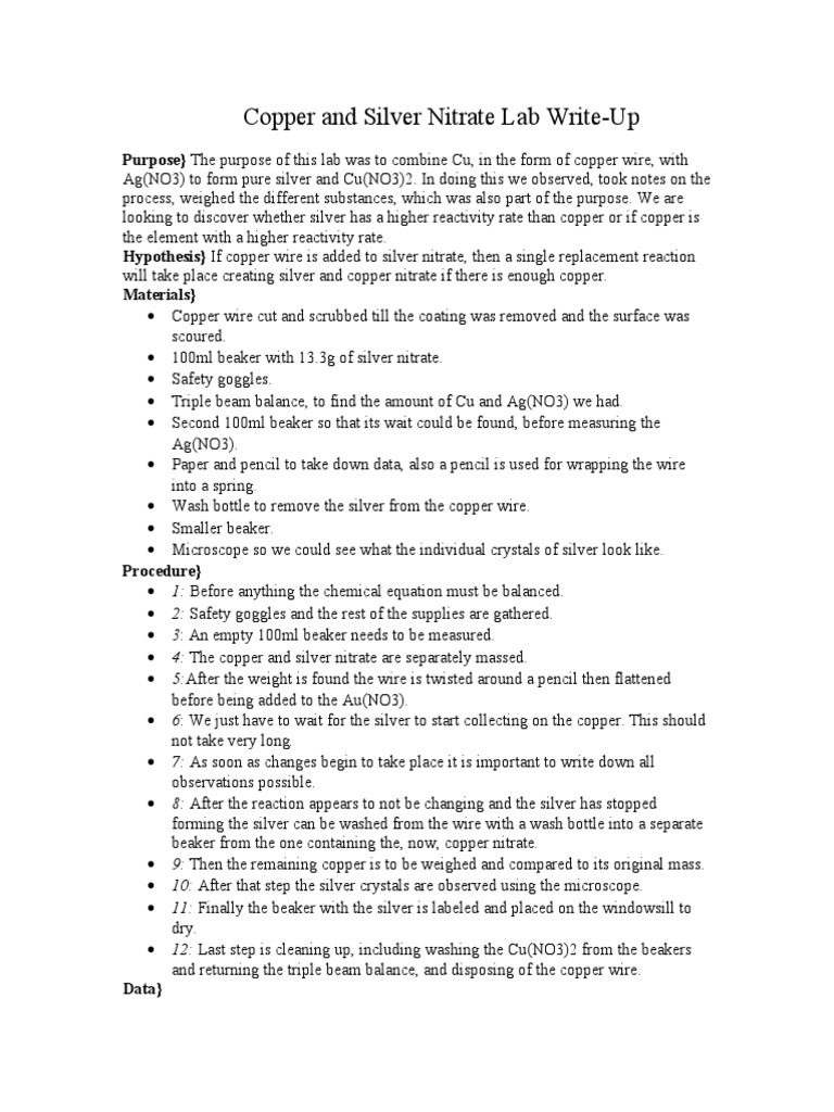 Copper and Silver Nitrate Lab Write | PDF | Silver | Copper