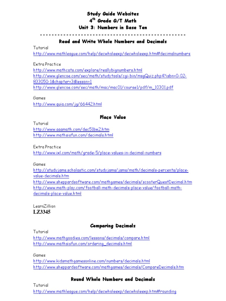 Study Guide Websites 4 Grade G T Math Unit 3 Numbers In Base Ten Read And Write Whole Numbers And Decimals Decimal Elementary Mathematics