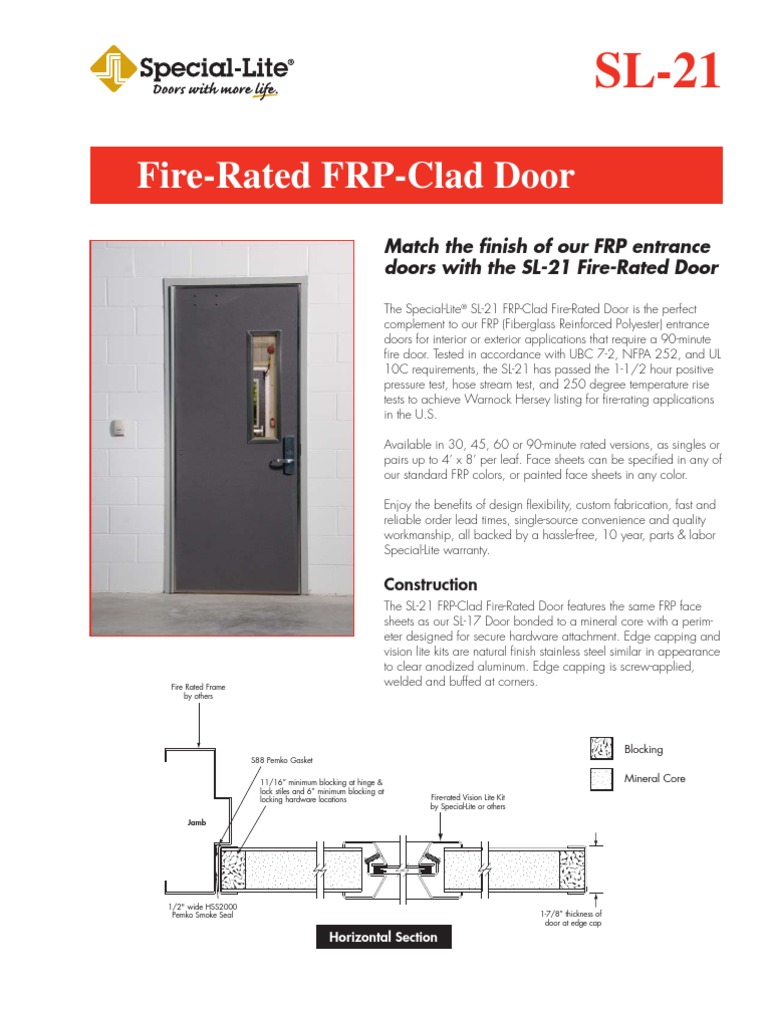 SpecialLite FireRated FRPClad Fire Door Sales Sheet PDF Door