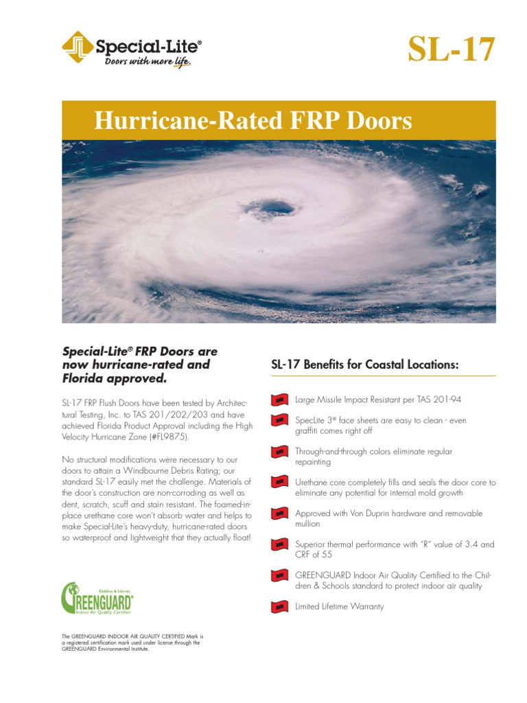 Special-Lite Door Hurricane Rated Florida Approved Sales Sheet | PDF ...