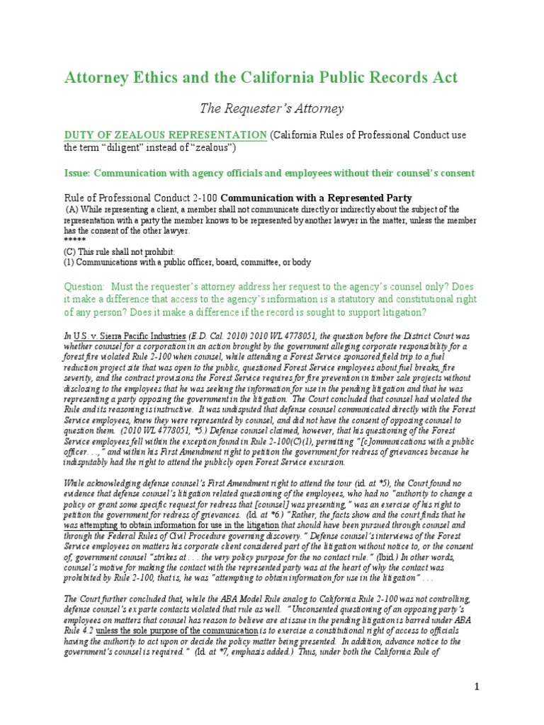 Attorney Ethics and The California Public Records Act Confidentiality Discovery (Law)