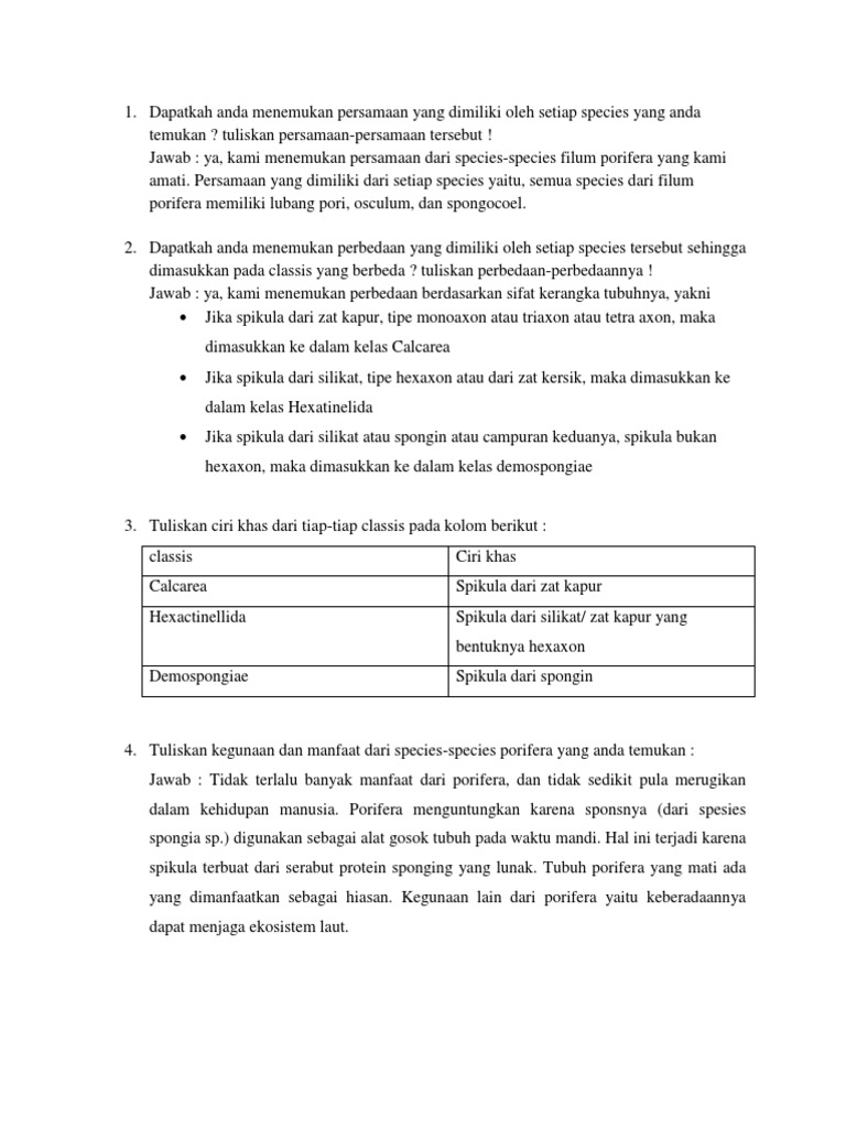 Pertanyaan Dan Jawaban Porifera