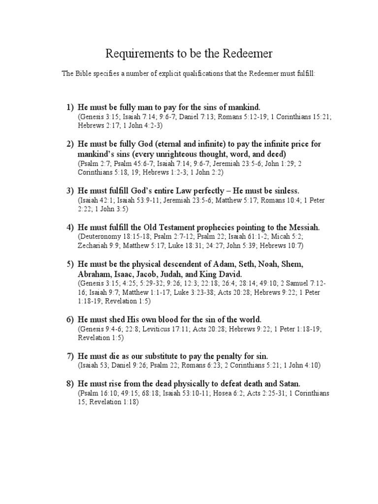 Requirements To Be The Redeemer Book Of Genesis Good Works