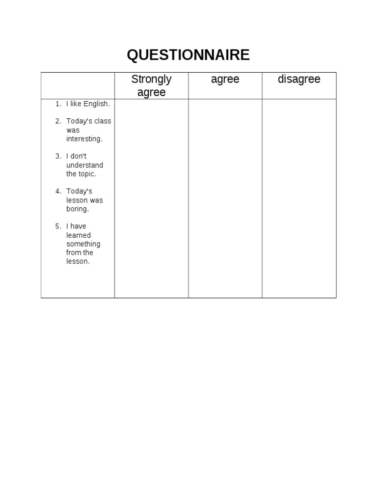 Questionnaire: Strongly Agree Agree Disagree | PDF