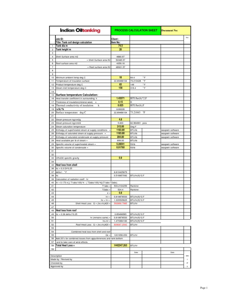 Tank Coil Heat Loss Calculation | PDF | Thermal Insulation | Steam