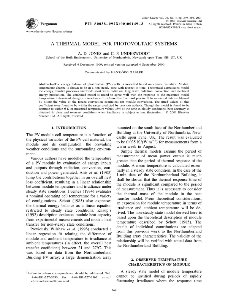 Thermal Model of A PV System | PDF | Heat Transfer | Photovoltaics