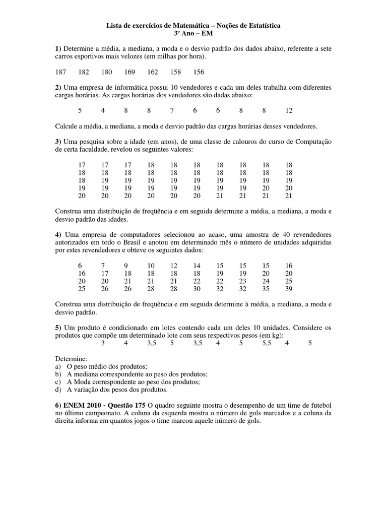 Exercícios de Estatística e Desvio Padrão | PDF | Modo (Estatística ...