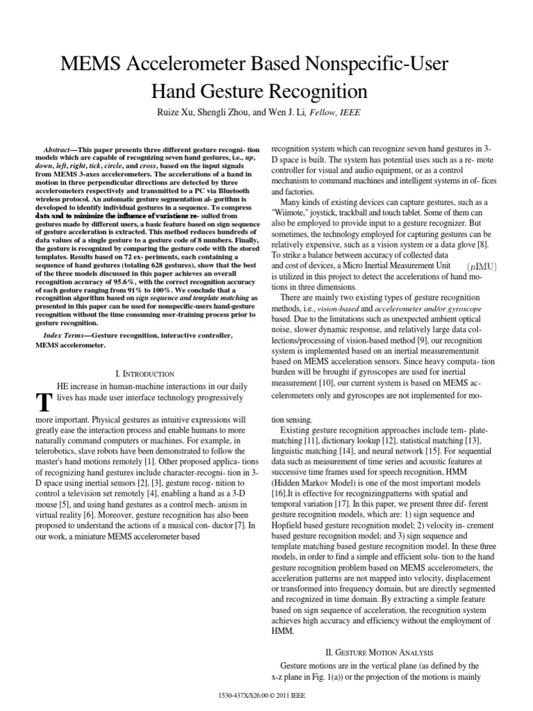 IEEE Sensor Journal Motion Recognition 2012 PDF Accelerometer Cartesian Coordinate System