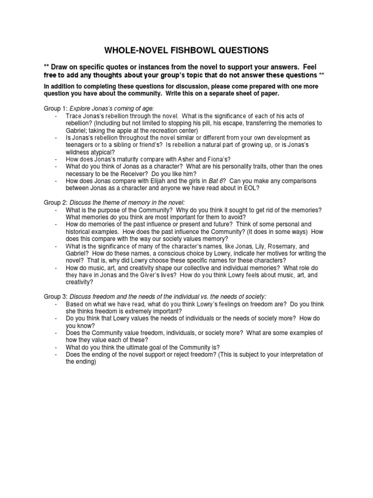 Fishbowl Discussion Questions Weebly  The Giver  Cognitive Science