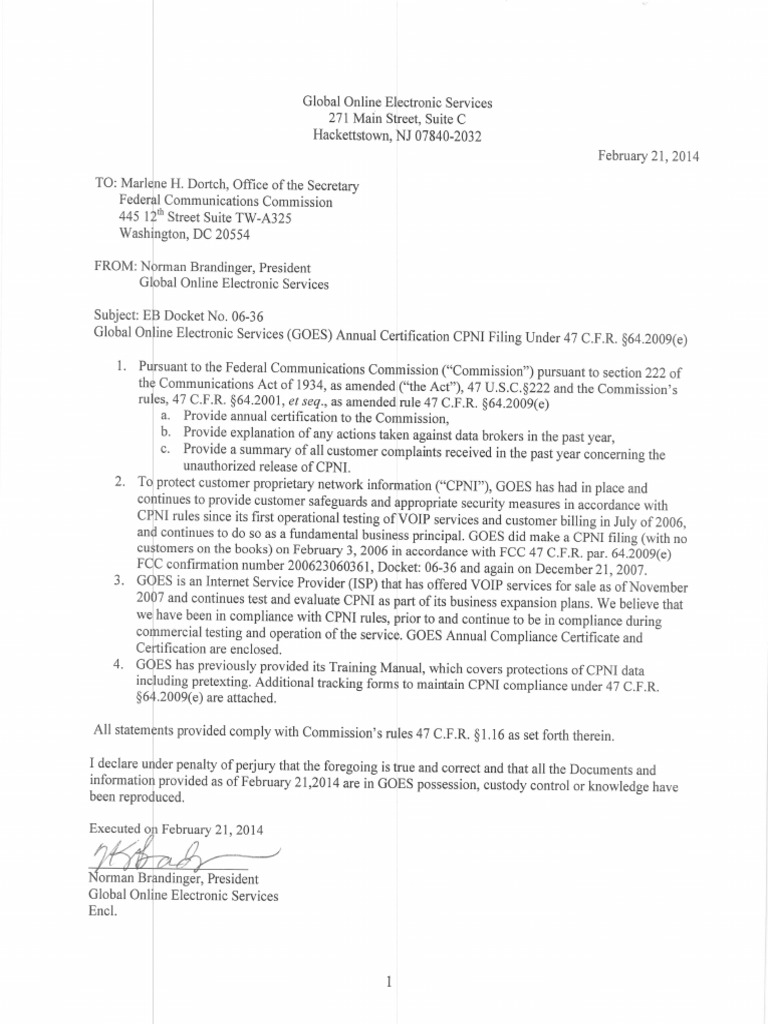FCC Goes Secretary Annual Filing Letter Filed 02-21-14 | PDF