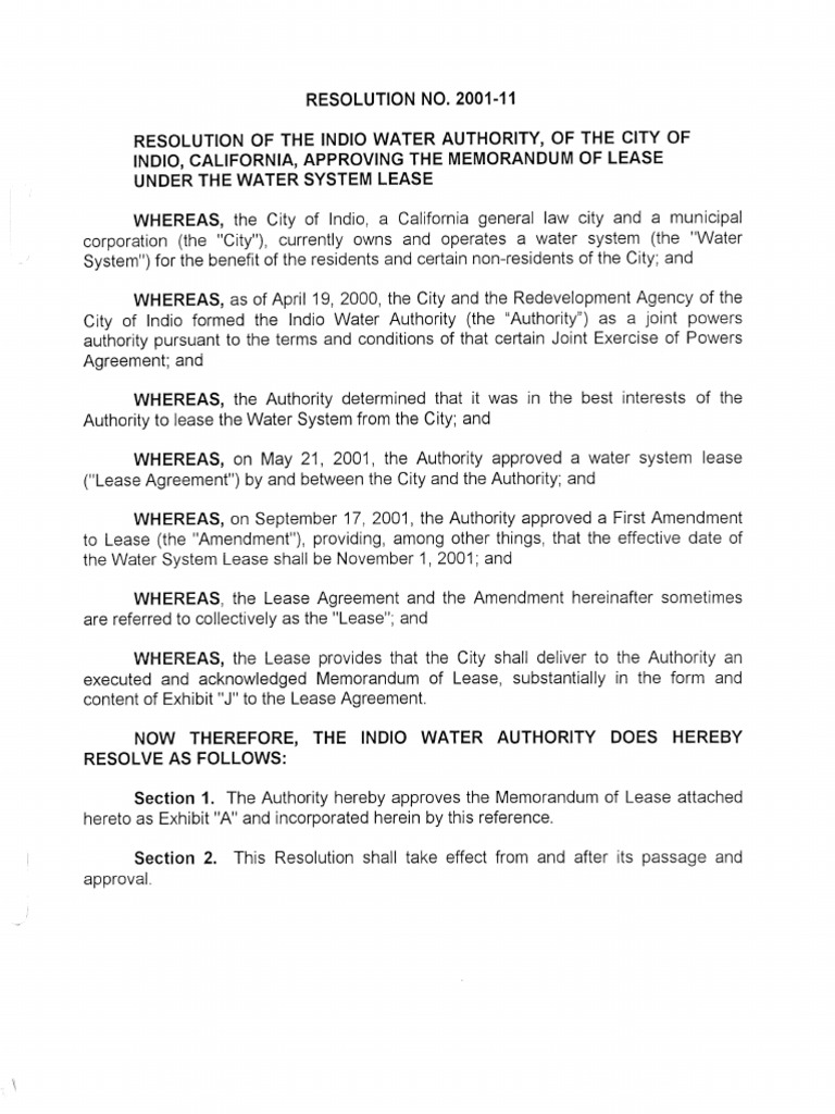 Indio Water Authority Lease Resolution | PDF | Water Right | Lease
