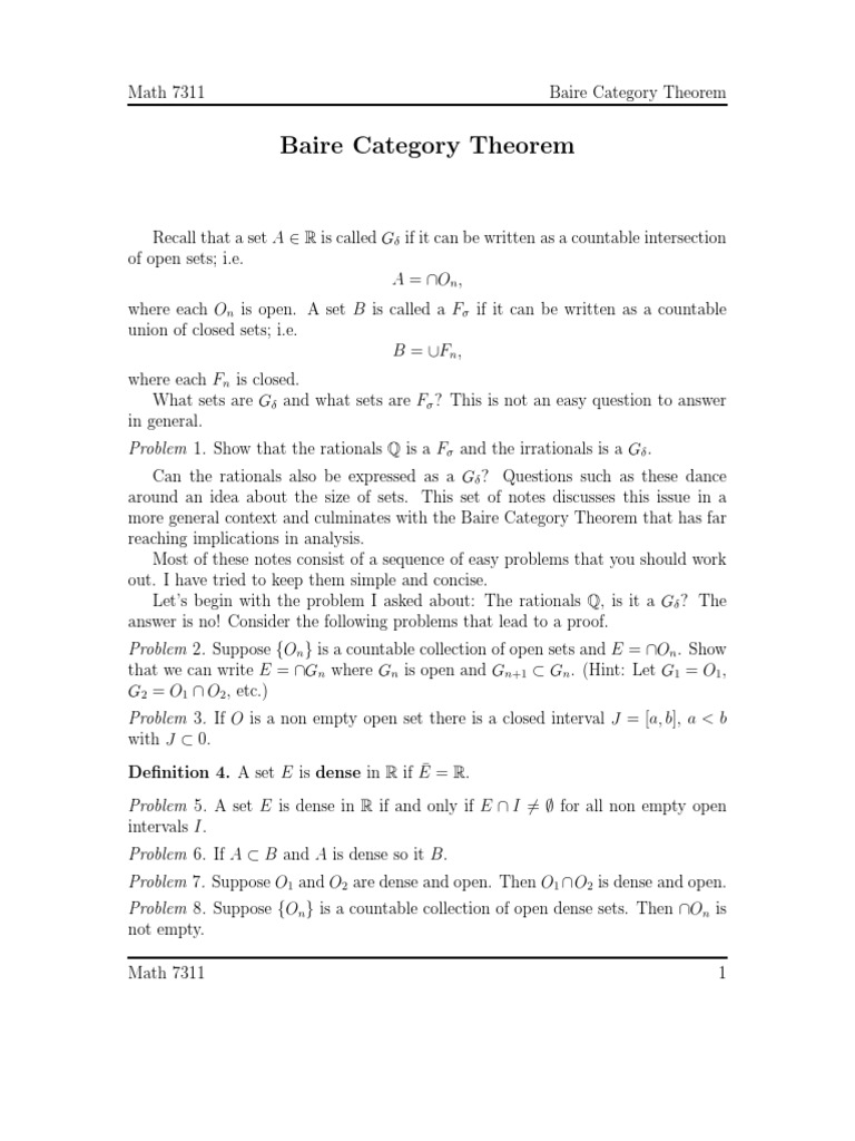 Baire Category Theorem Explained | PDF | Set (Mathematics) | Real Number