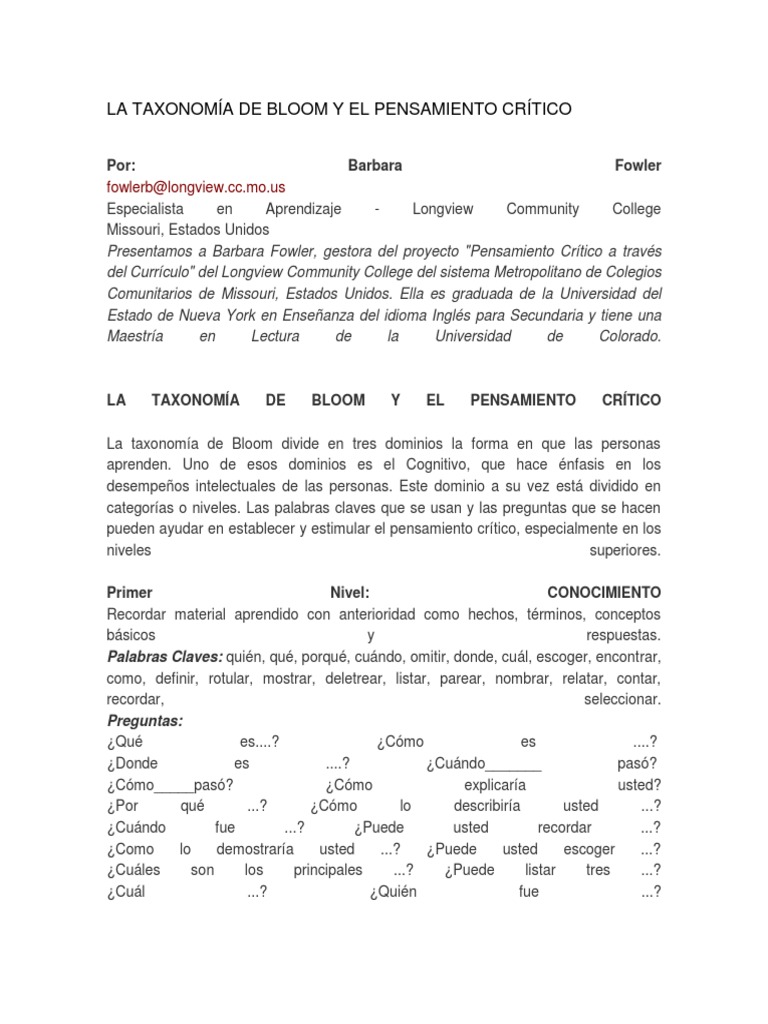 La Taxonomía de Bloom y El Pensamiento Crítico | PDF | Blog | Taxonomía (biología)