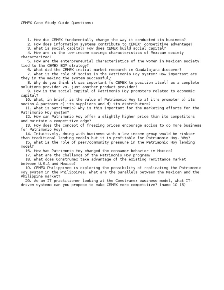 CEMEX Case Study Guide Questions | PDF | Social Capital | Poverty