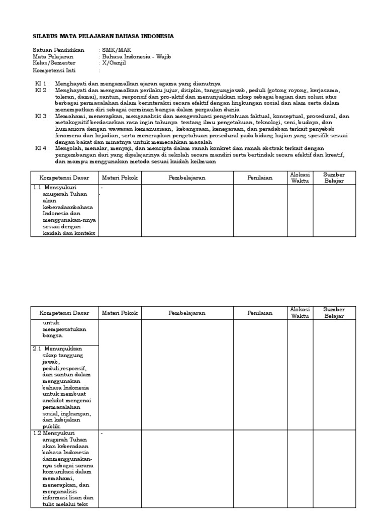 Silabus Mata Pelajaran Bahasa Indonesia