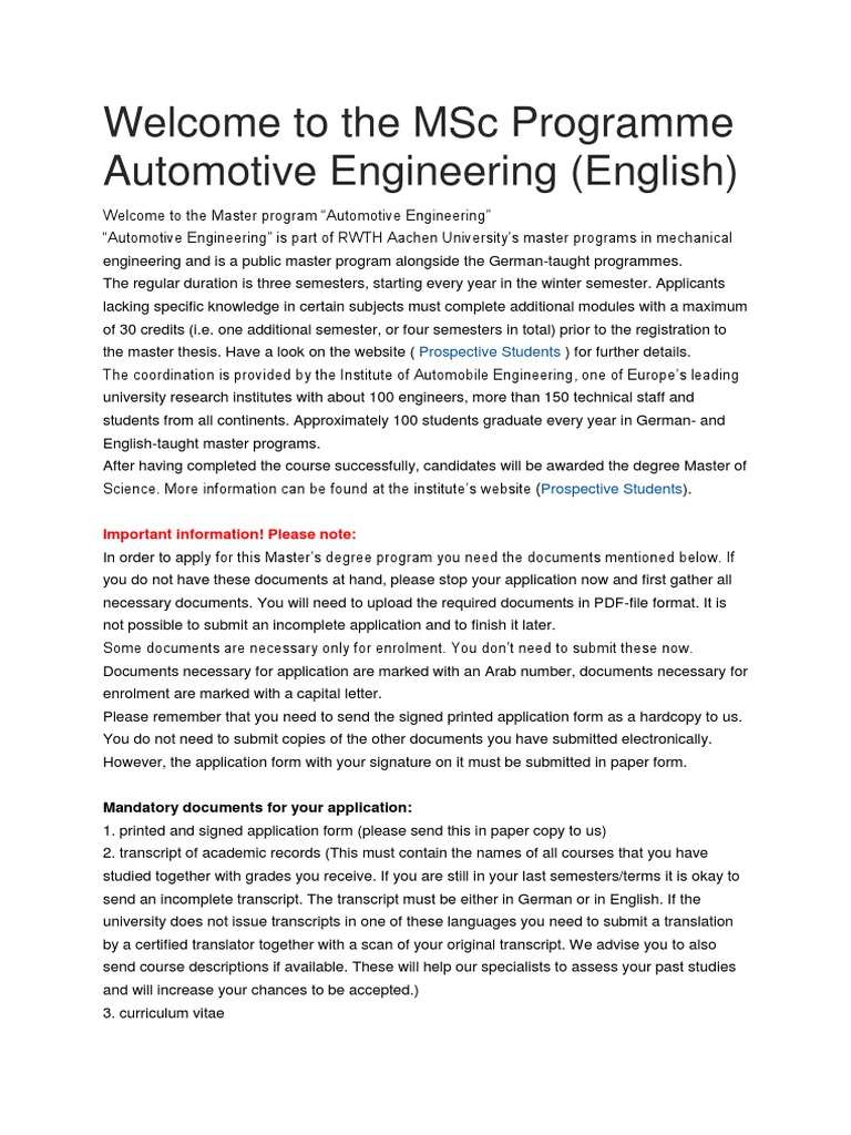 RWTH Aachen MSc Automotive Engineering Guide | PDF | Master's Degree ...