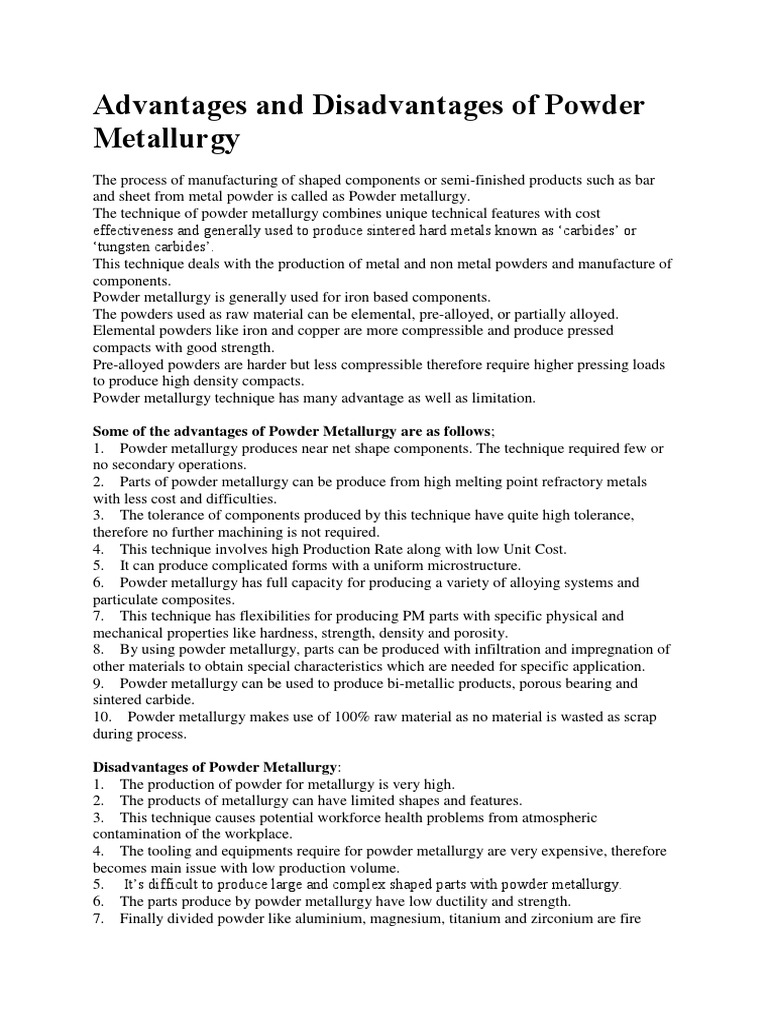 Advantages and Disadvantages of Powder Metallurgy PDF Metallurgy