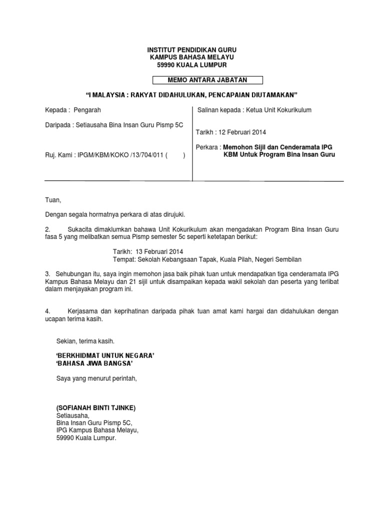 Contoh Memo Bahasa Melayu