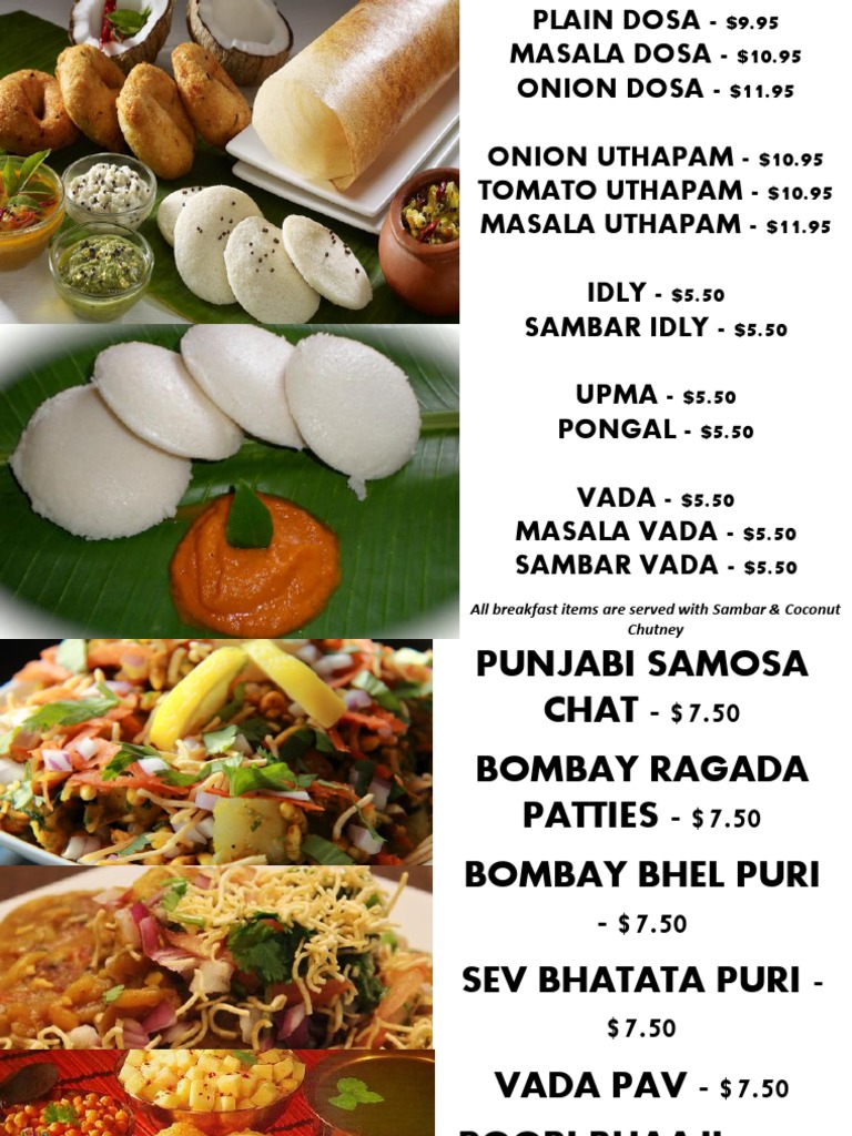 South Indian Breakfast Menu PDF Vegetarian Cuisine Foods