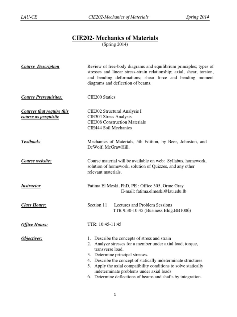 Syllabus of Mechanics of Materials PDF Stress (Mechanics) Bending