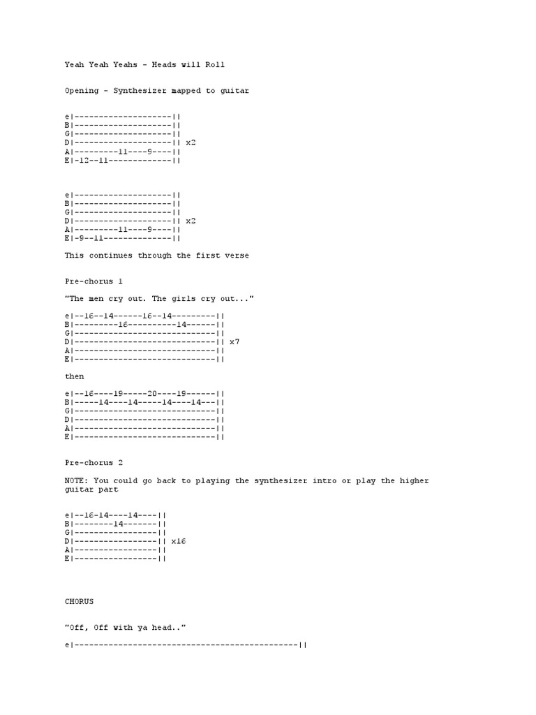 Yeah Yeah Yeahs Heads will Roll chords
