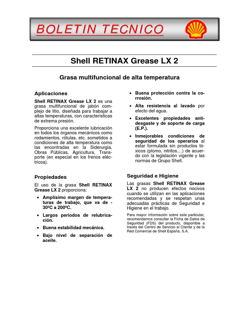 Grasa Shell RETINAX LX 2: Alta Temperatura | PDF