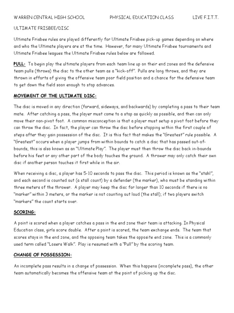 ultimate disc handout Games Of Physical Skill Teams