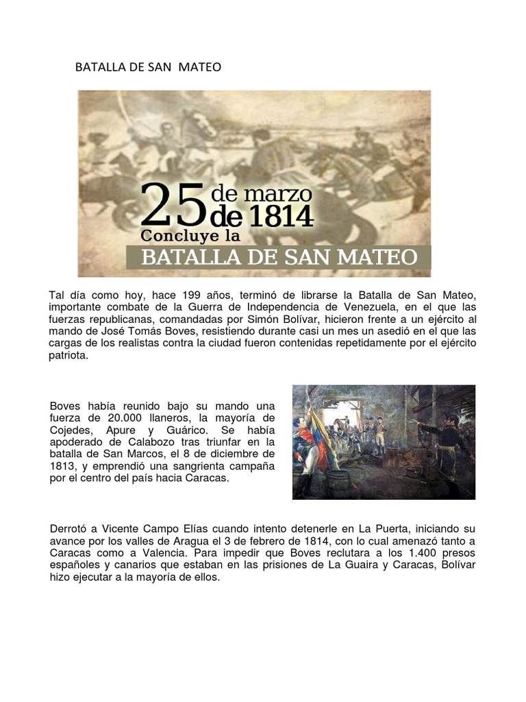 La resistencia patriota en la Batalla de San Mateo y el sacrificio ...