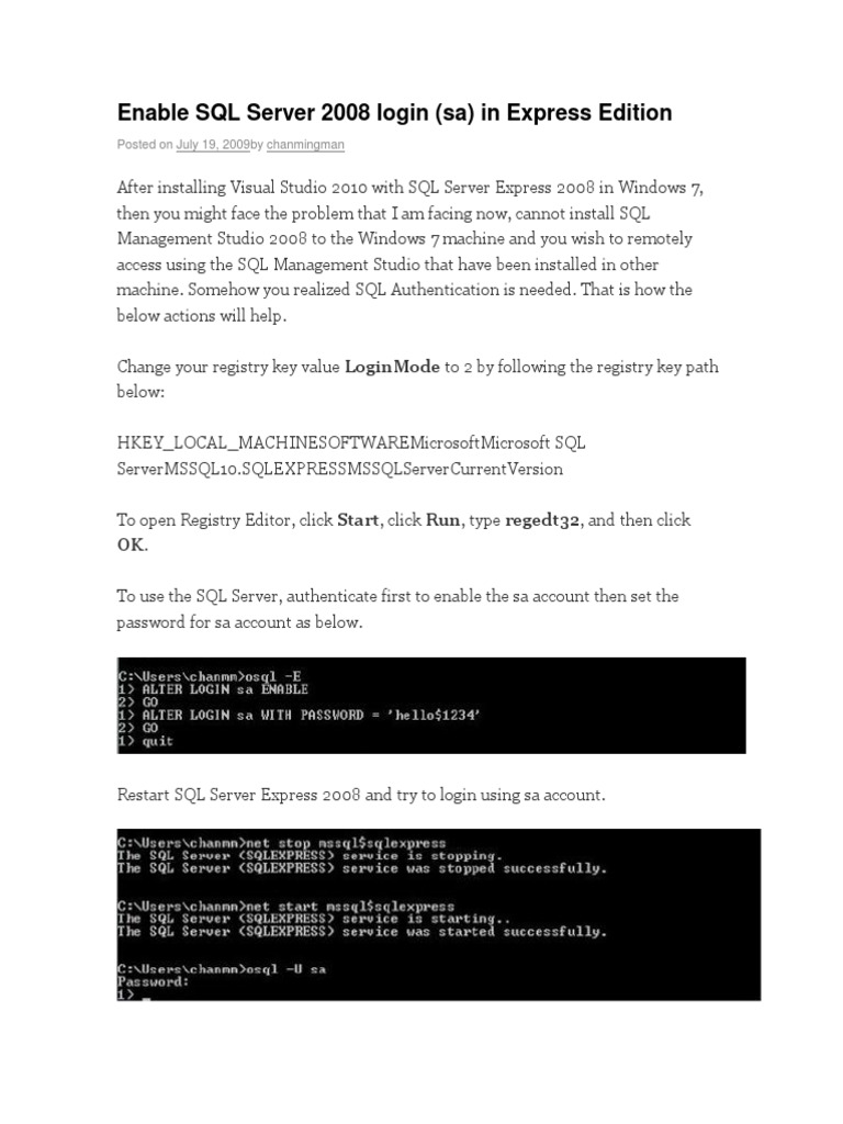 Enable SQL Server 2008 Login (Sa) in Express Edition: Posted On July 19 ...