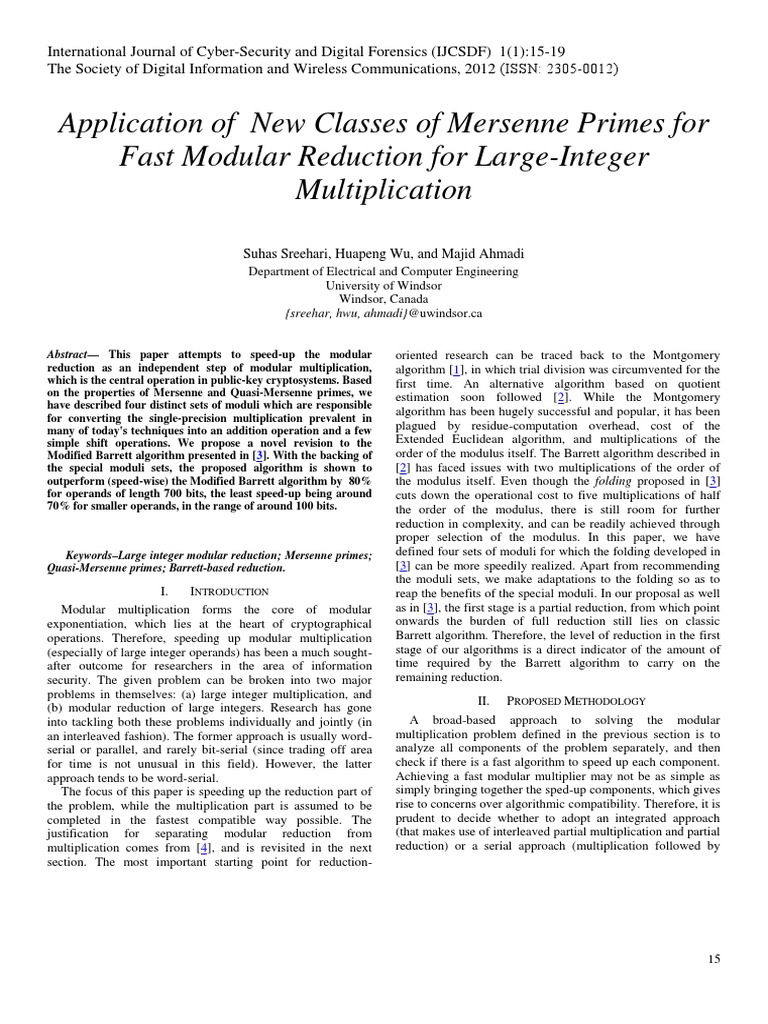 Application of New Classes of Mersenne Primes For Fast Modular ...