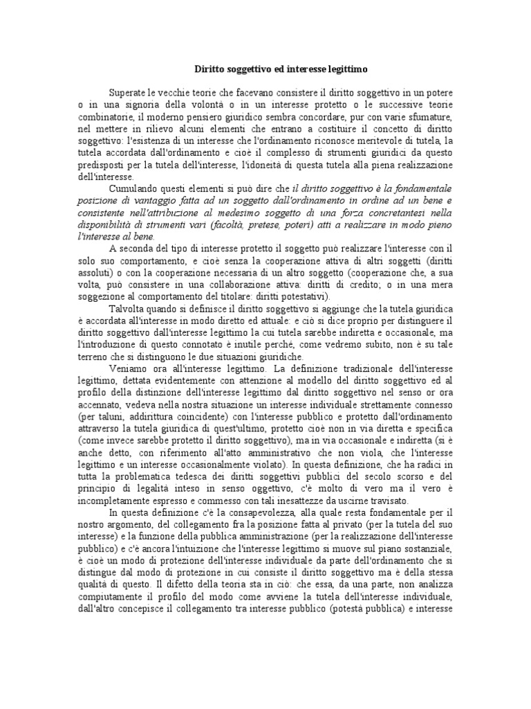 Diritto Soggettivo Ed Interesse Legittimo