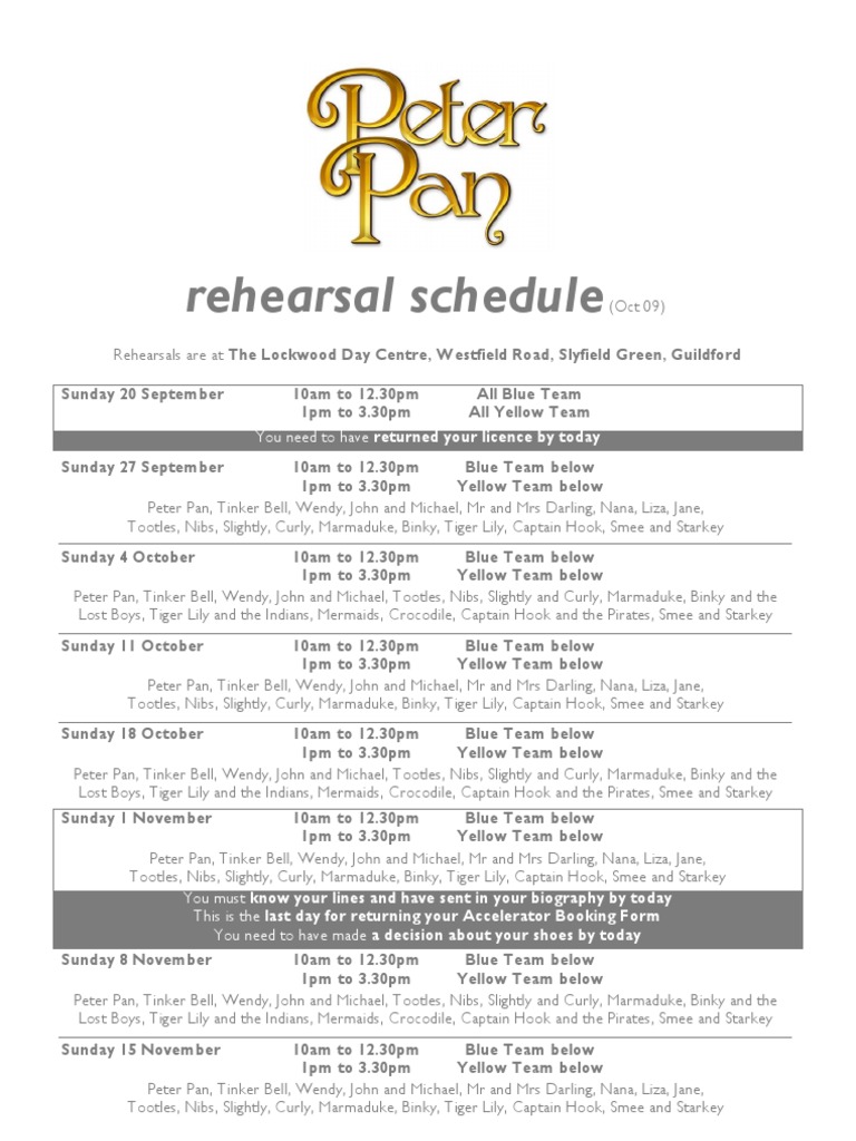 Peter Pan Rehearsal Schedule | PDF | Lost Boys (Peter Pan) | Peter Pan