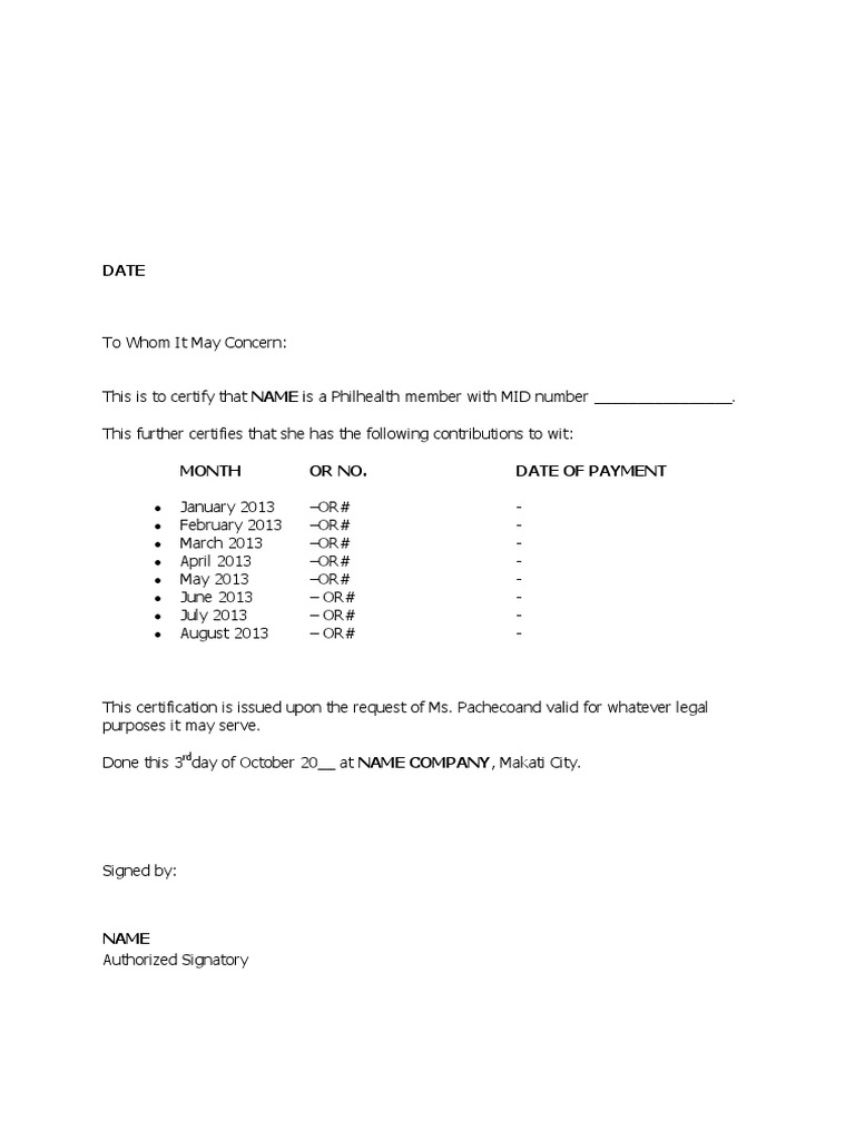 payment letter proof Philhealth Format Contribution Certificate