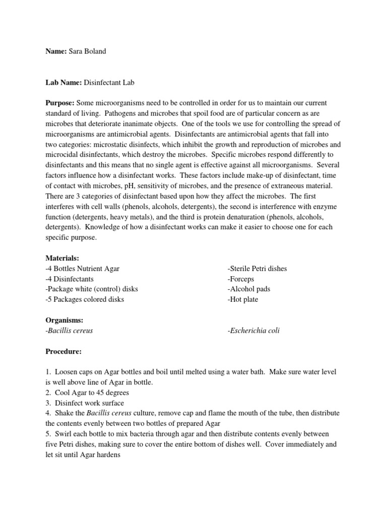MicrobiologyDisinfectants Lab Report Disinfectant Agar