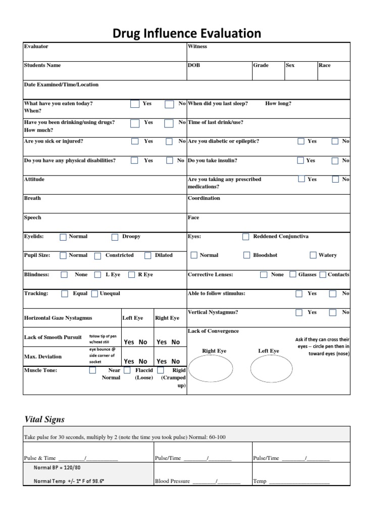 Drug Influence Evaluation Vital Signs PDF Human Eye Foot