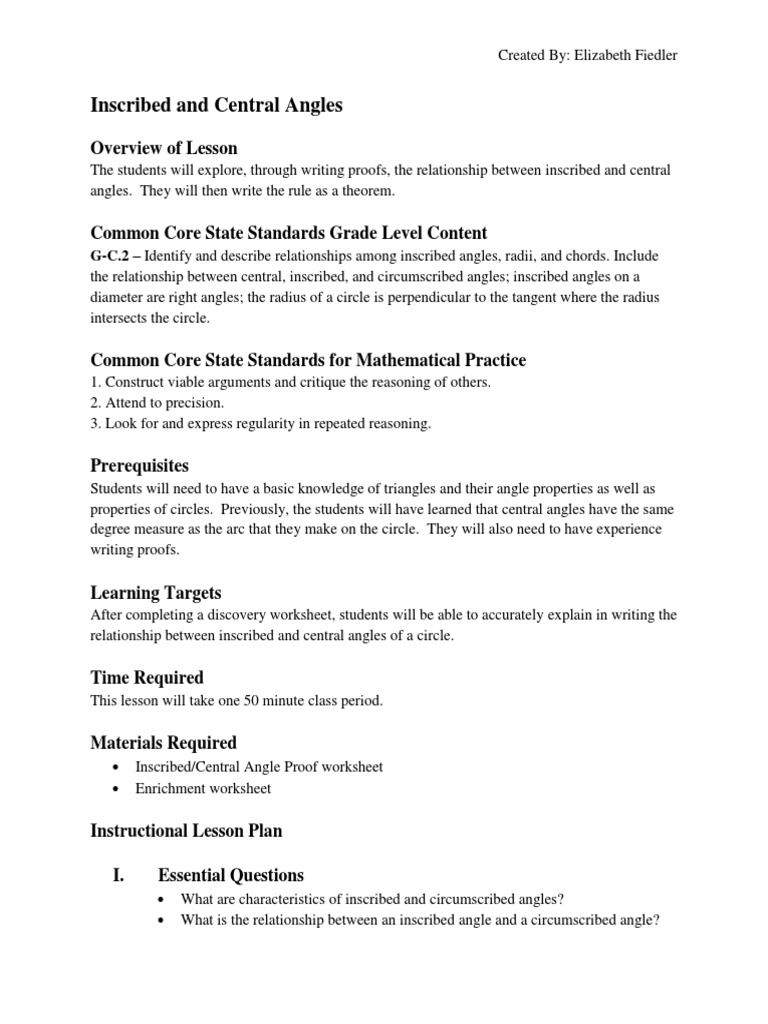 worksheet Inscribed Angle Worksheet angle lesson plan circle angle