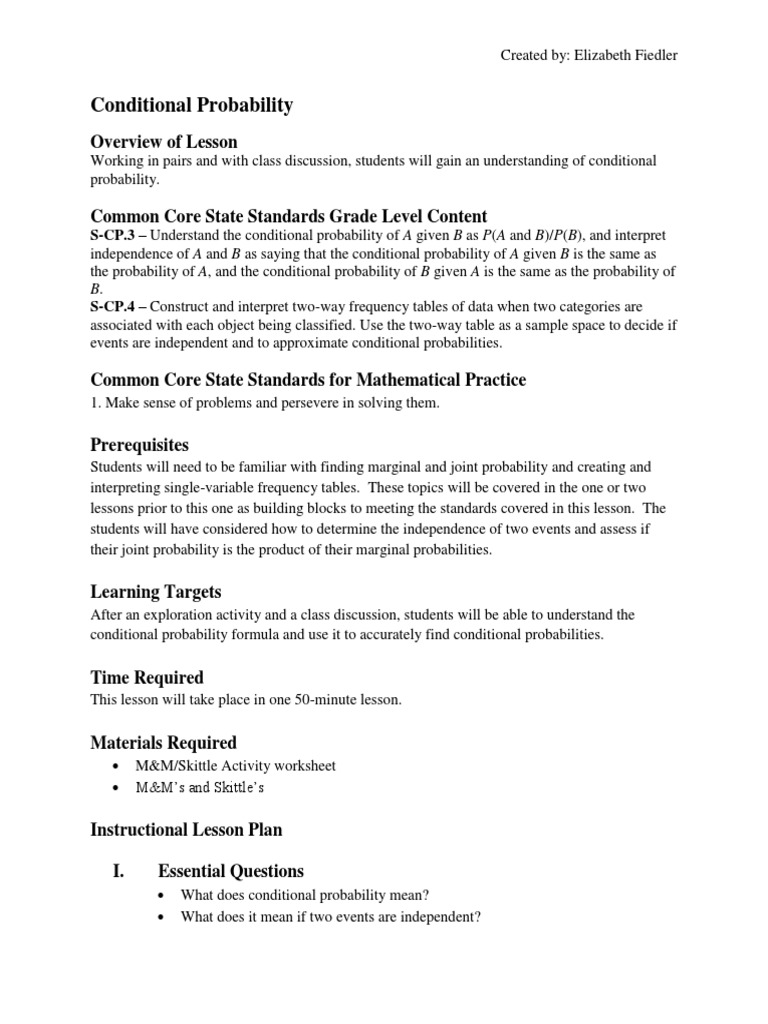 Worksheets Conditional Probability Worksheets probability lesson plan common core state standards initiative
