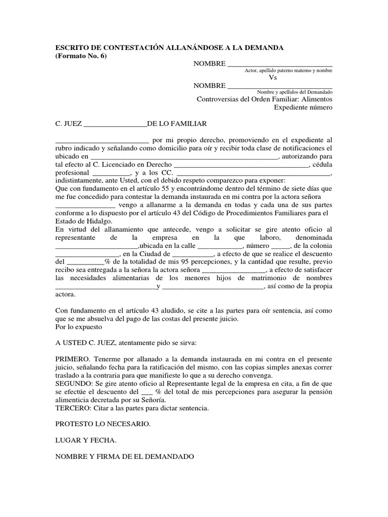 ESCRITO DE CONTESTACIÓN ALLANÁNDOSE A LA DEMANDA | Pensión alimenticia