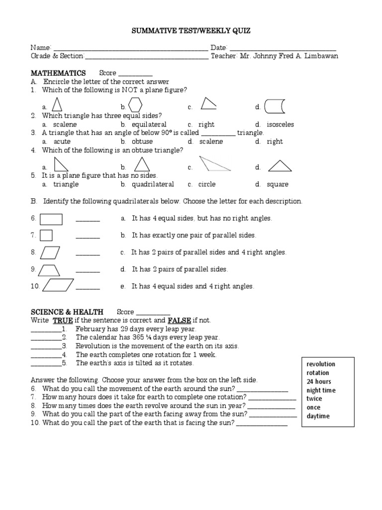 Summative Test Sample for Students | PDF