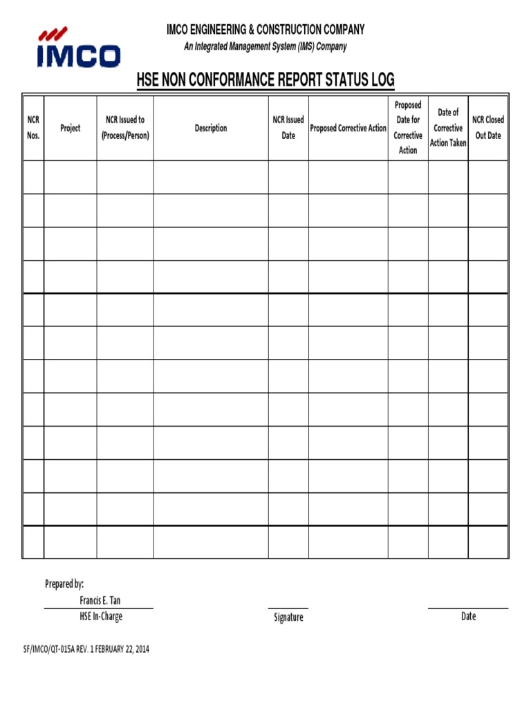 HSE Non Conformance Report Log | PDF | Technology & Engineering