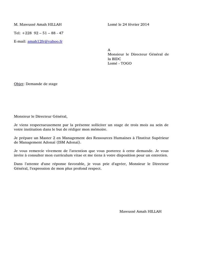 Pdf Lettre De Motivation Pour Un Stage