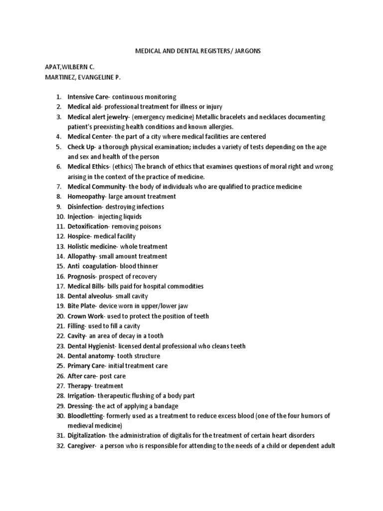 Medical and Dental Jargons PDF Dentistry Mouth