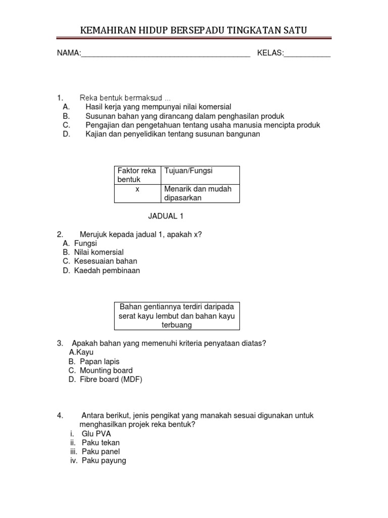 Soalan Ujian Selaras Khb Tingkatan 1 Pdf