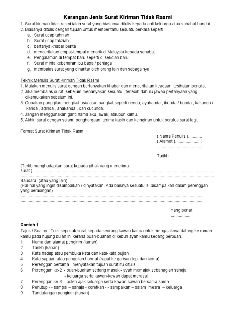 Karangan Surat Tidak Rasmi Tajuk Bersenam Tahap7